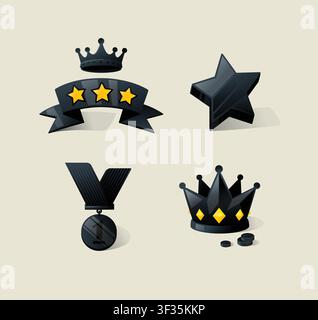 Premium black award elements set including a crown, ribbon with stars, medal, and 3D star. Concept of luxury status, VIP membership reward, high quali Stock Vector