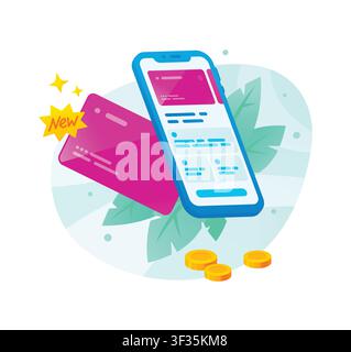 Smartphone app with new contactless credit card and coins. Concept for mobile digital payment, financial technology, cashless money transfer, and elec Stock Vector