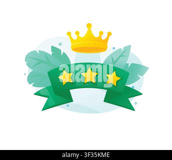 Golden crown and three stars on green ribbon vector illustration. Premium rating icon on abstract background with leaves, symbolizing business success Stock Vector