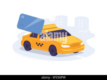 Cashless payment for taxi ride concept vector illustration. Yellow cab car with a blue credit card on a city silhouette background, symbolizing online Stock Vector