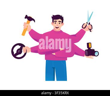 Multi armed young man balancing different tasks and professions like driving, photography, and crafting. Concept of multitasking skills, time manageme Stock Vector