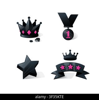 Dark mode luxury awards and premium VIP icons vector set. Black and pink crown, first place medal, star, and ribbon badge for elite business status, g Stock Vector