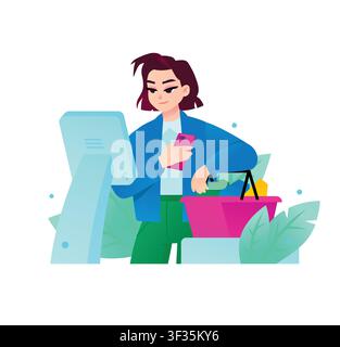 Woman at a self checkout counter in a supermarket holding a smartphone and a shopping basket. Concept of digital payment, smart retail, and modern aut Stock Vector