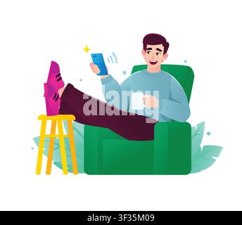 Relaxed young man sitting in an armchair with feet up, holding a smartphone and a coffee mug. Concept of remote work, smart home technology, and comfo Stock Vector