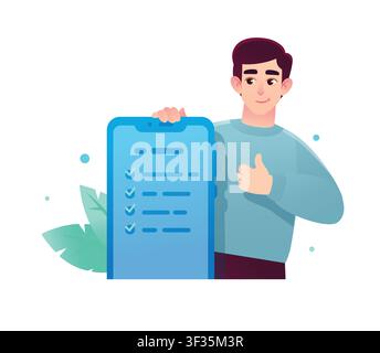 Young man showing a thumbs up gesture next to a smartphone with a completed checklist. Concept of successful task management, mobile survey approval, Stock Vector