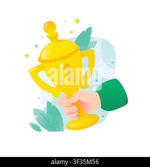 A flat vector illustration of a human hand holding a golden trophy cup with the number one on it, symbolizing victory and success. Isolated on a white Stock Vector