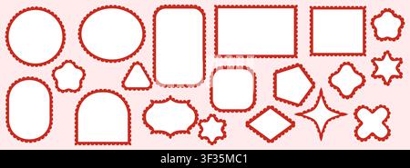 Red scalloped lace borders outline white circle, triangle, diamond, arch, flower plus star label frames on pale pink background as bold decorative trim set for cards or scrapbooking projects. Stock Vector