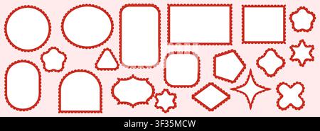 Red scalloped lace borders outline white circle, triangle, diamond, arch, flower plus star label frames on pale pink background as bold decorative trim set for cards or scrapbooking projects. Stock Vector