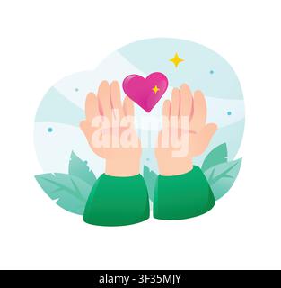 Flat vector illustration of open human hands holding a shiny pink heart. Concept of charity donation, healthcare support, customer loyalty, trust, and Stock Vector