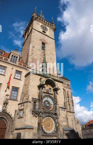 Low-angle view of the Prague Astronomical Clock, or Prague Orloj, on the Old Town Hall Tower in Old Town Square, Prague, Czech Republic. Stock Photo