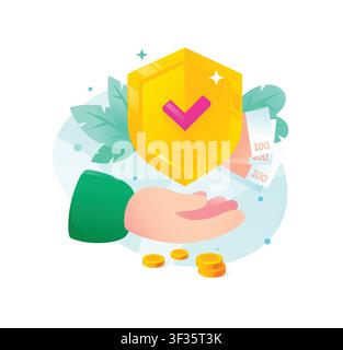 Financial protection and secure investment concept vector illustration. Hand holding a golden shield over cash bills and coins, symbolizing safe capit Stock Vector