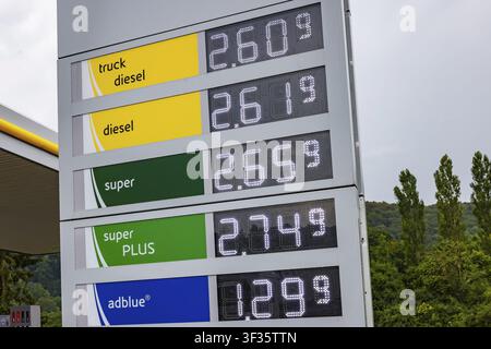 Filling up is expensive. At the Agip petrol station at the Eni Service Station in Gruibingen, a litre of premium petrol costs 2.65 euros (18 July 2026 Stock Photo