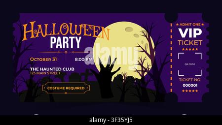 Horizontal Halloween party ticket template with colorful modern design. Editable admission pass for club events, music festivals, costume parties and holiday celebrations. Vector illustration. Stock Vector