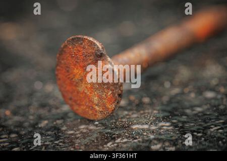 Macro close up shot of an old weathered rusty metal nail head resting on a dark gritty textured surface background Stock Photo