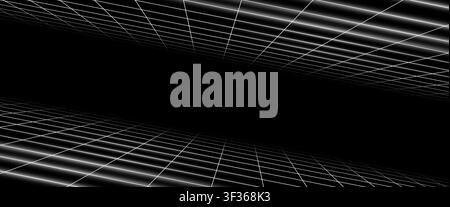 Grid box perspective 3d perspective digital background in black simple line style. Cyberspace wireframe laser mesh virtual reality metaverse abstract. Stock Vector