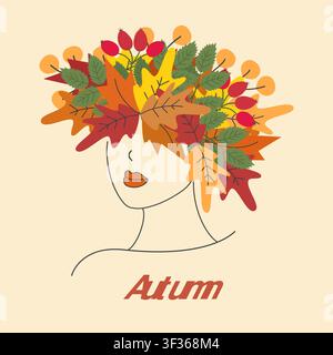 A stylized portrait of woman head in profile adorned with a crown of autumn leaves, berries, and branches in warm cozy seasonal shades. Media template, greetings or print promo leaflets, label, price Stock Vector