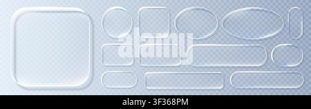 Realistic blue glassmorphism style basic IU mockup elements isolated on transparent background. Neon glass transparent frame collection. Blur grass st Stock Vector