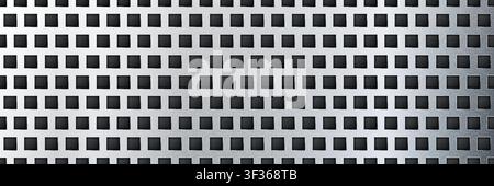 Aluminum seamless perforated metal sheet realistic texture. Metal chrome grill plate with small squares holes. Modern design carbon radiator bg. Macro Stock Vector