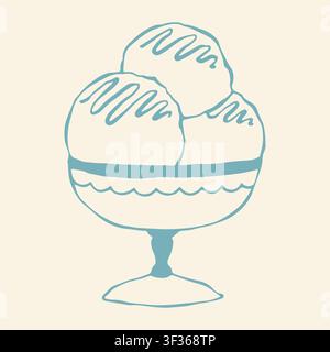 Vector illustration of three delicious scoops of ice cream with syrup drizzle served in a classic glass bowl on a leg. Hand drawn blue line art icon Stock Vector