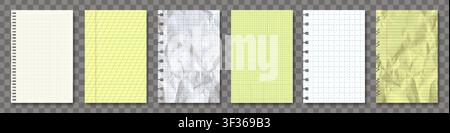 Vector realistic note paper pack isolated. White, retro, yellow and blue. New, torn, crumpled, jagged blueprint empty notebook sheets. Grid lines, cro Stock Vector