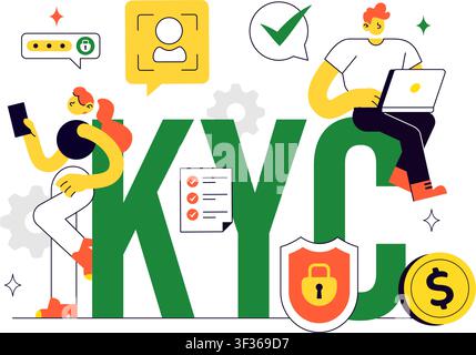 KYC Vector Illustration Featuring Know Your Customer Identity Verification, Digital Authentication, Customer Onboarding, and Data Protection Stock Vector