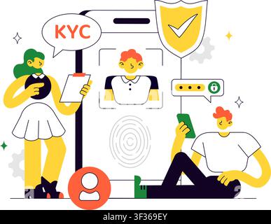 KYC Vector Illustration Featuring Know Your Customer Identity Verification, Digital Authentication, Customer Onboarding, and Data Protection Stock Vector