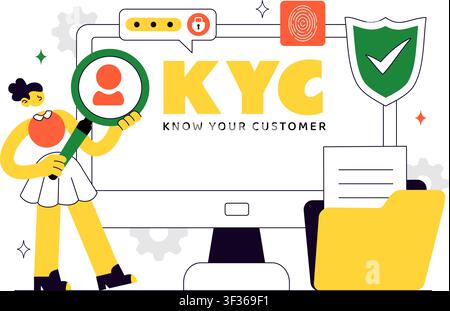 KYC Vector Illustration Featuring Know Your Customer Identity Verification, Digital Authentication, Customer Onboarding, and Data Protection Stock Vector