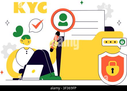 KYC Vector Illustration Featuring Know Your Customer Identity Verification, Digital Authentication, Customer Onboarding, and Data Protection Stock Vector