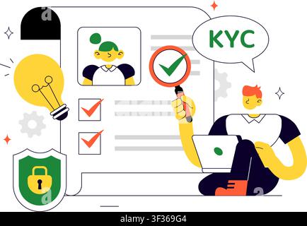 KYC Vector Illustration Featuring Know Your Customer Identity Verification, Digital Authentication, Customer Onboarding, and Data Protection Stock Vector