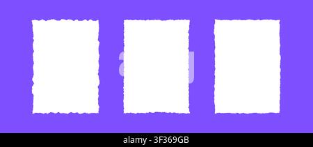 White jagged edge paper frame collection. A4 rectangle torn paper sheet set. Ripped page template background for poster, text box, banner, collage, sticker. Vector empty rectangular craft backdrops Stock Vector