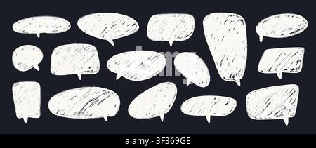 White crayon speech bubble doodles on chalkboard. hand drawn dialog boxes on blackboard. Rough sketched comic talk frames. Scribbled balloon text box bundle. Vector pastel chalk pencil chat cloud pack Stock Vector