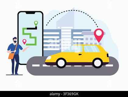 Vector illustration of a ride hailing mobile app with GPS navigation, taxi, passenger, and location pins, ideal for transportation, mobility, and trav Stock Vector