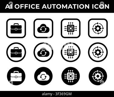 AI Office Automation Icon Set Collection Minimal Black Glyph Vector Icons for Business Technology and Productivity Stock Vector