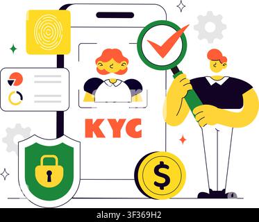 KYC Vector Illustration Featuring Know Your Customer Identity Verification, Digital Authentication, Customer Onboarding, and Data Protection Stock Vector