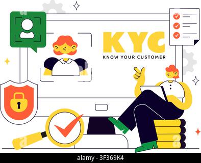 KYC Vector Illustration Featuring Know Your Customer Identity Verification, Digital Authentication, Customer Onboarding, and Data Protection Stock Vector