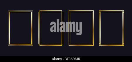 Thin golden metal frame set. Gold Art deco style rectangle border collection. Shining rectangular A4 frame bundle. Vector luxury glowing shiny boarder element pack for photo, cadre, poster, card Stock Vector