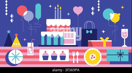 Happy Birthday banner, greeting card, invitation card, poster, cover, vector illustration with birthday cakes, drinks, presents, party hat, balloons... Stock Vector