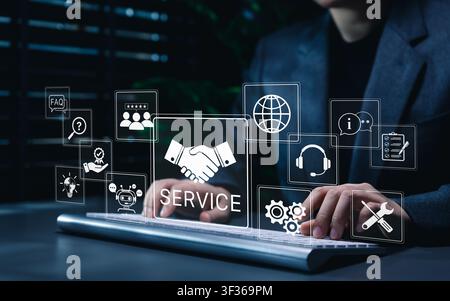 Customer service management concept, representing help desk workflow, FAQ assistance, client communication, chatbot automation, technical support, Stock Photo