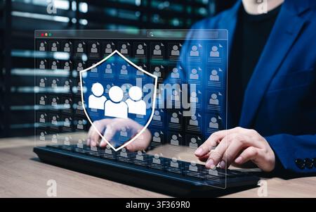 Customer data protection and privacy management concept. Person using laptop with user profiles, secure client database, identity access, confidential Stock Photo