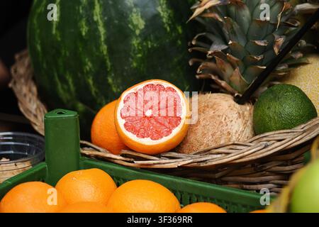 Fruit display in a market with various types Stock Photo