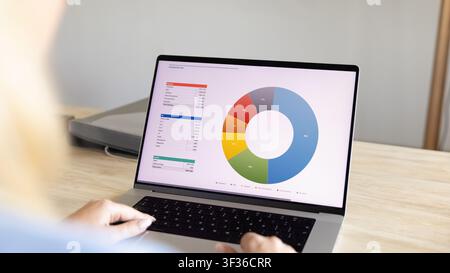 Businesswoman analyzing financial data with pie chart on laptop Stock Photo