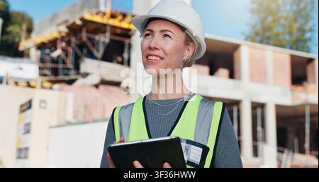 Civil engineer, thinking and woman with tablet on construction site, project management and research. Happy, architect and person with technology Stock Photo