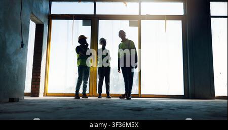 Conversation, teamwork and engineer on site, talking and planning for project, people and ideas. Construction, discussion and brainstorming for Stock Photo
