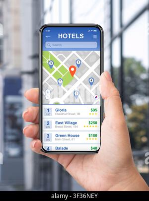 Female tourist picking hotel using GPS map with navigation pins on city street, collage Stock Photo