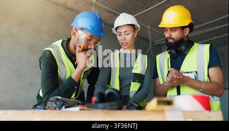 Talking, construction and people in building for planning, design evaluation and progress update. Architecture, contractor and workers in meeting for Stock Photo