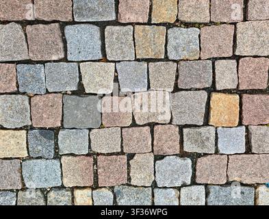 Top view of colorful stone cobblestone pavement background texture. Stock Photo