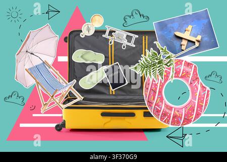 Open yellow suitcase with travel essentials and vacation items on a colorful background, summer holiday planning, this imagery summer holiday planning Stock Photo