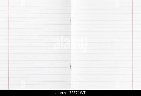 Open blank lined notebook with blue rules, red margins and center fold, clean paper background for online learning, study at home, homework, writing p Stock Photo