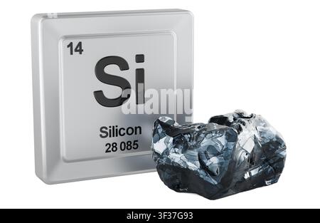 Silicon element periodic table tile with Si sample. 3d rendering isolated on white background Stock Photo