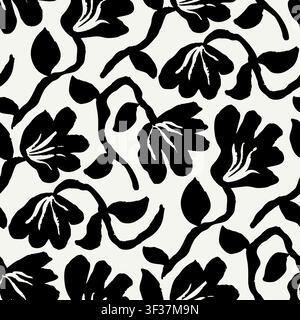 Seamless monochrome pattern featuring hand drawn abstract flowers. Artistic brush strokes floral design in modern minimalist style Stock Vector